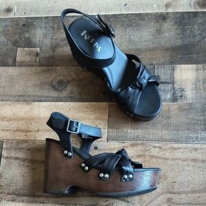 Kork-Ease Dawson Black & Brown Faux Leather & Wood Wedge Sandals Sz 8 Women